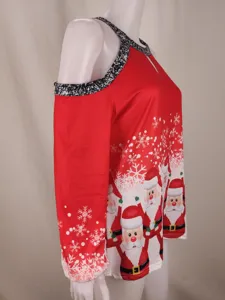 Christmas cold shoulder long sleeve women top with Santa and snowflake print details.