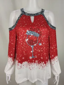 Christmas women cold shoulder long sleeve top featuring festive wine glass graphic design.