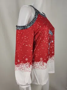Christmas cold shoulder long sleeve top featuring red and white festive print details.