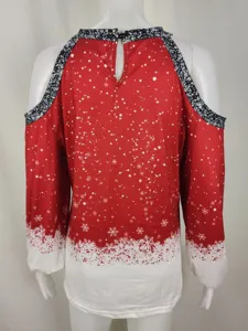Christmas cold shoulder long sleeve women blouse in red white snowflake festive top