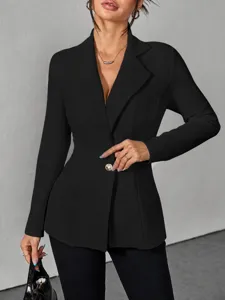 Damen schmale Passform Ein Knopf Revers Einfarbig Blazer Jacke Detailansicht Mode Stil