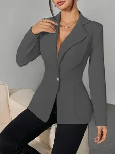 Damen schmale Passform dunkelgrau Ein Knopf Revers Blazer langarm professionelle Oberbekleidung