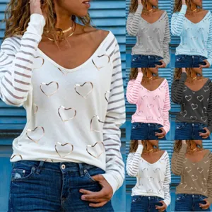 Dames V-Hals Lange Mouw Hart Print Gestreëpt Slim Casual T-Shirt Top Meerdere Kleuren