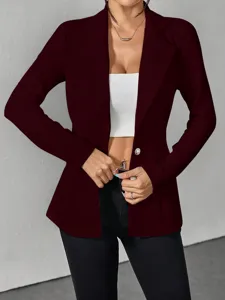 Damen weinrote taillierte Revers Ein Knopf Anzug Blazer Jacke Detailansicht Nahaufnahme