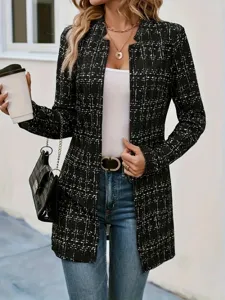 Women's Casual Long Plaid Cardigan Blazer Elegant Open Front Long Sleeve Suit Coat Spring Autumn Outerwear
