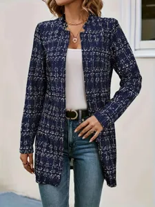 Women casual elegant plaid long cardigan blazer jacket spring autumn detail view
