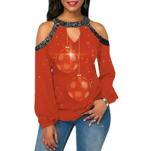 Christmas cold shoulder long sleeve red top with glitter trim and festive bauble print.