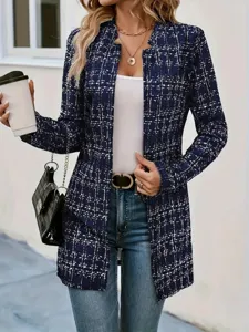 Detail view of women's casual elegant plaid open front long blazer jacket for autumn season.