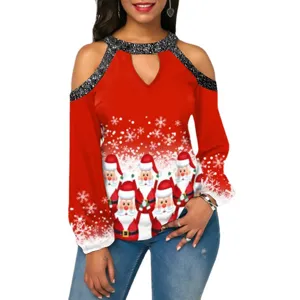 Women's Christmas Cold Shoulder Long Sleeve Top Red Sequin Graphic Tee Holiday Blouse