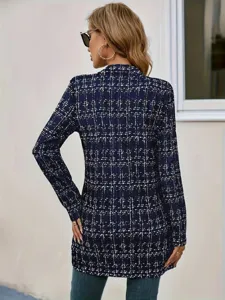 Back view of a casual elegant long plaid tweed blazer jacket, showing sleeve and fabric detail.
