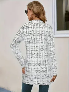 Women casual elegant plaid cardigan long suit jacket, stylish print outerwear detail view.