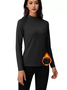 Top térmico de cuello alto manga larga ajuste delgado capa base, negro invierno