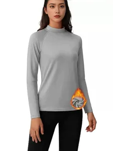 Camiseta térmica de cuello alto para mujer manga larga ajustada, forro polar gris.