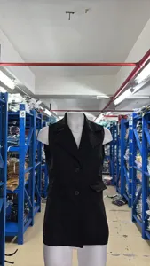 Schwarze ärmellose Revers Weste Jacke für Damen, stilvolle Herbst Winter Oberbekleidung.