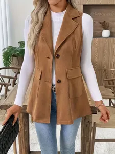 Damen braune Wildlederoptik Revers Weste, stylische Herbst Winter lässige ärmellose Jacke.