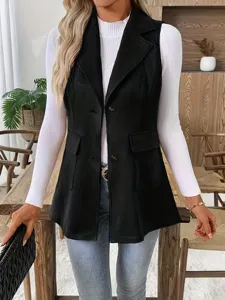 Stilvolle schwarze Reversweste für Damen, ideal für Herbst und Winter Lagenlooks.