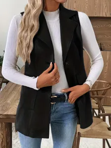 Damen schwarze Leder Revers Weste Detail, stylische ärmellose Oberbekleidung mit Ripptop.