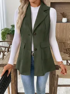 Dunkelgrüne Wildleder Weste Detail, Damen Mode Revers ärmellose Oberbekleidung.