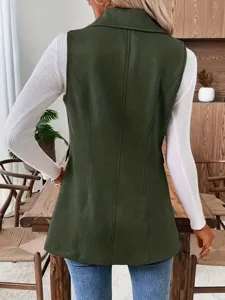Damen stilvolle dunkelgrüne Revers Weste Jacke Rückansicht, lässige Herbst Winter Oberbekleidung.
