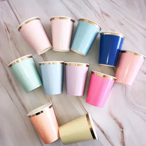 Disposable colorful paper cups set with gold rims, perfect for coffee, cold drinks, and party events.