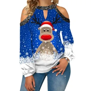 Donna natale renna stampa spalla fredda manica lunga camicetta elegante top festivo