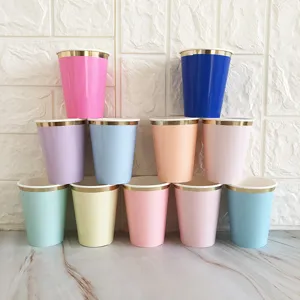 Disposable colorful paper cups with gold rim, thick party cups for coffee, cold drinks and home.
