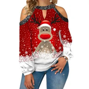 Natale Spalla Scoperta Manica Lunga Stampa Renna Top Donna Maglietta Festiva Casual