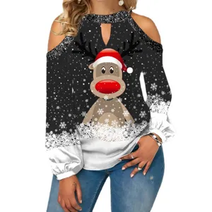 Top a maniche lunghe con spalle scoperte e renna di Natale per donna maglietta festiva