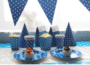 Blue polka dot party tableware set paper cups plates birthday celebration decoration supplies