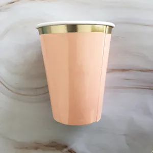 Pink and gold disposable paper cup, thickened design for hot and cold drinks, party supply.