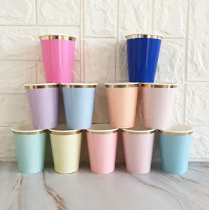 Disposable Paper Cups Gold Foil Rim Colorful Coffee Cups Party Drinking Cups For Birthday Wedding Home Supplies
