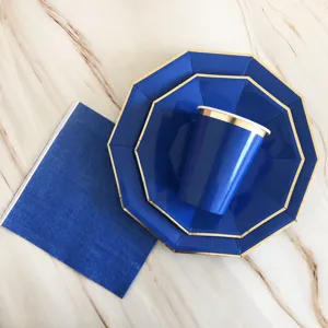 Set di stoviglie monouso piatti bicchieri di carta bordo oro blu reale per festa di compleanno