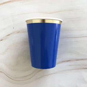 Blue disposable paper cup with elegant gold rim, thick design for coffee, cold drinks.