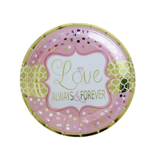 Disposable pink and gold party paper plate with love text for birthday celebration cake.