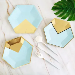 Blue Hexagonal Gold Foil Paper Plates Cups Straws Disposable Tableware Set For Party Picnic Eco Friendly