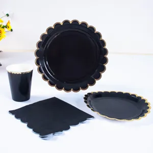 Set de vajilla desechable de papel negro y oro platos vasos para fiesta cumpleaños