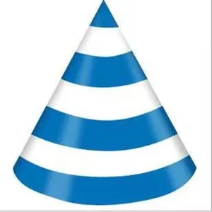Blue and white striped paper party hat close-up detail shot for celebrations and birthdays.