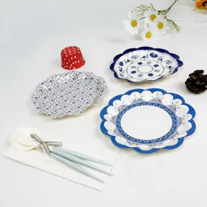 Vintage Chinese Stijl Blauw Wit Porselein Papieren Borden Wegwerp Bloemen Kant Diner Borden Voor Feest Huwelijk