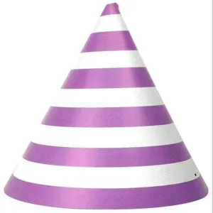 Purple and white striped cone paper party hat detail view for birthday celebration decoration.