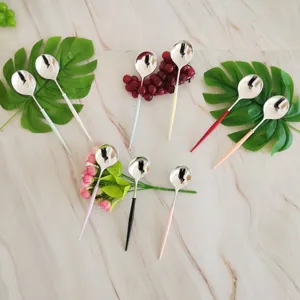 Colorful long handle dessert spoons set, silver-plated round bowl for party cake fruit dining.