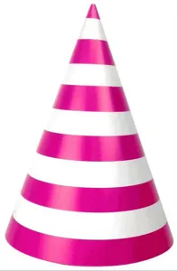 Pink and white striped paper party hat detail, conical design for kids adults birthday celebrations.