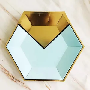 Blue hexagonal gold foil paper plate party tableware eco-friendly picnic dish detail view
