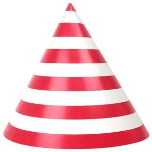 Red and white striped conical paper party hat detail view, perfect for birthdays and celebrations.