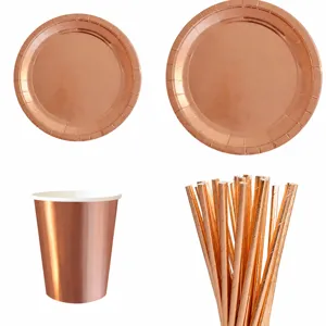 Set de vaisselle jetable en papier or rose assiettes gobelets pailles pour fête.