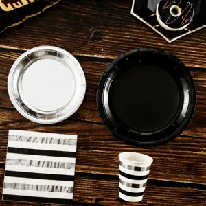 Schwarz-weißes silbergeprägtes Pappgeschirr-Set, ideal für Geburtstagsfeiern und Picknicks.