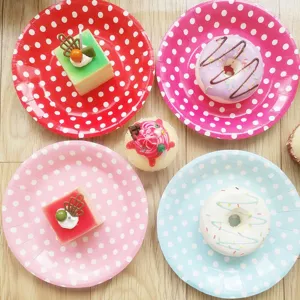 Cute polka dot paper plates for afternoon tea, fresh style disposable tableware, 12pcs set