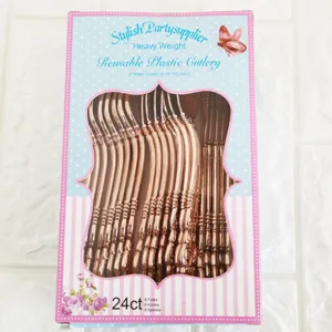Rose gold plastic cutlery set, 24 pieces including forks, knives, and spoons for party events.