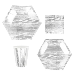 Set di piatti bicchieri e tovaglioli in carta effetto legno argento per festa compleanno