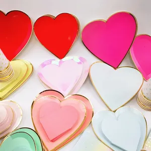 Valentine's Day heart-shaped paper plates cups party tableware set colorful cake dessert