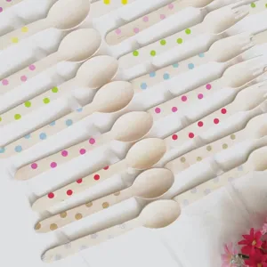 16cm disposable wooden cutlery set with colorful polka dots, perfect for kids birthday cake and parties.